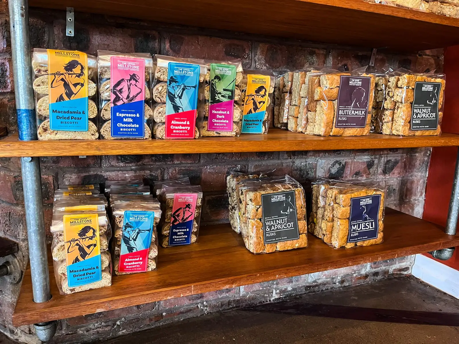 Small-batch rusks and biscotti packaged on the shelf at The Upper Millstone